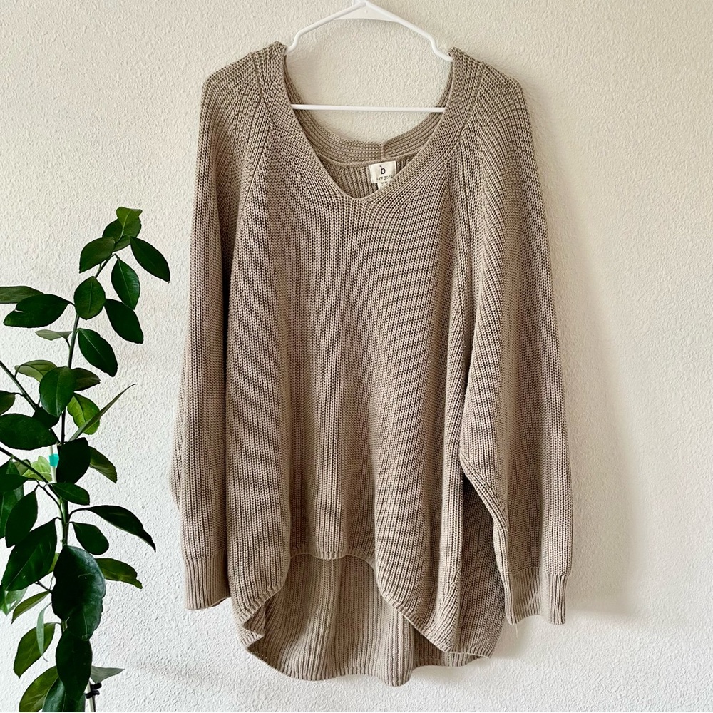 b new york v neck oversized high low taupe beige sweater #0026